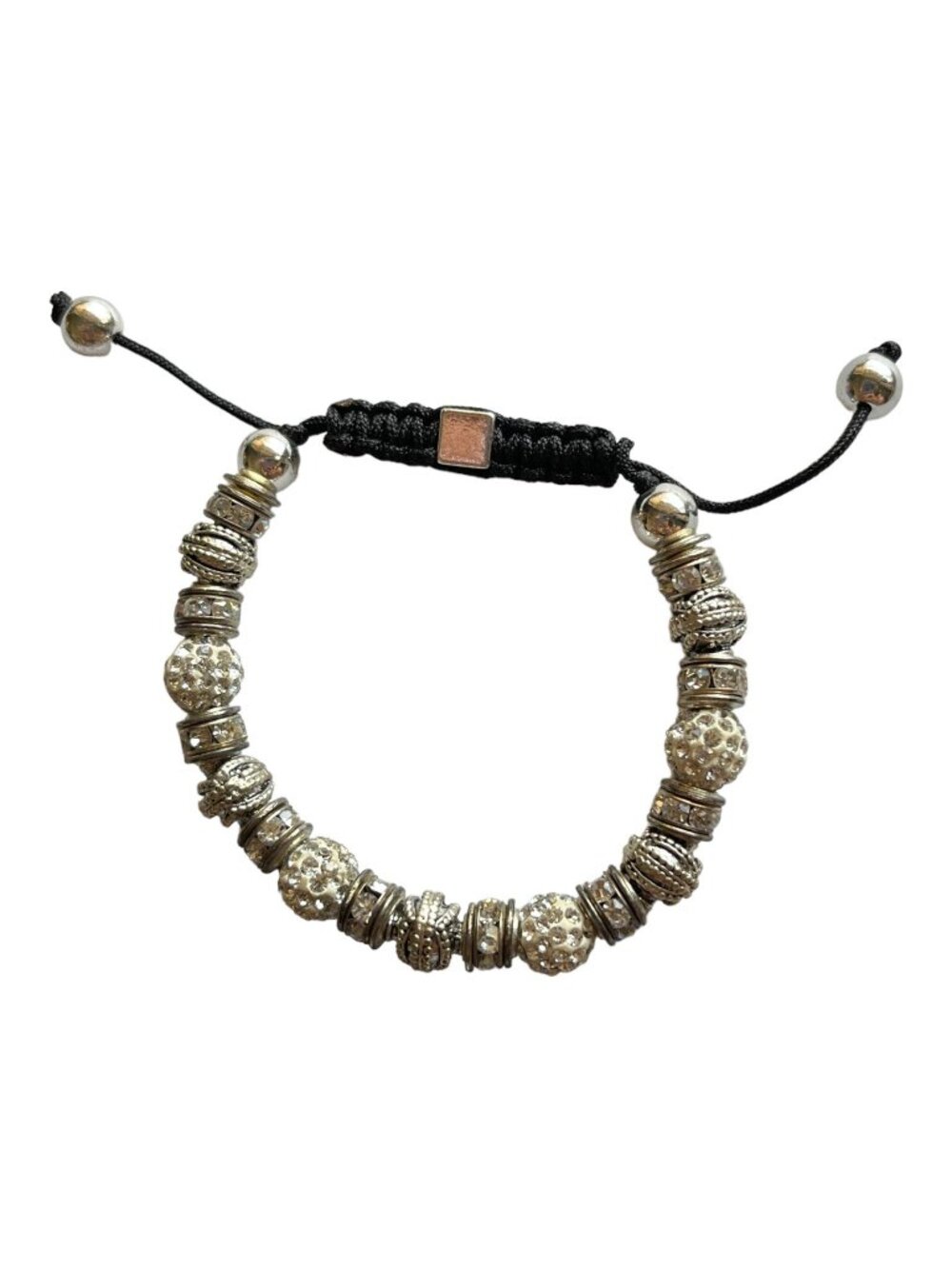 Nicole Silver Tone Beaded Black Cord Drawstring Adjustable Bracelet Rhinestone